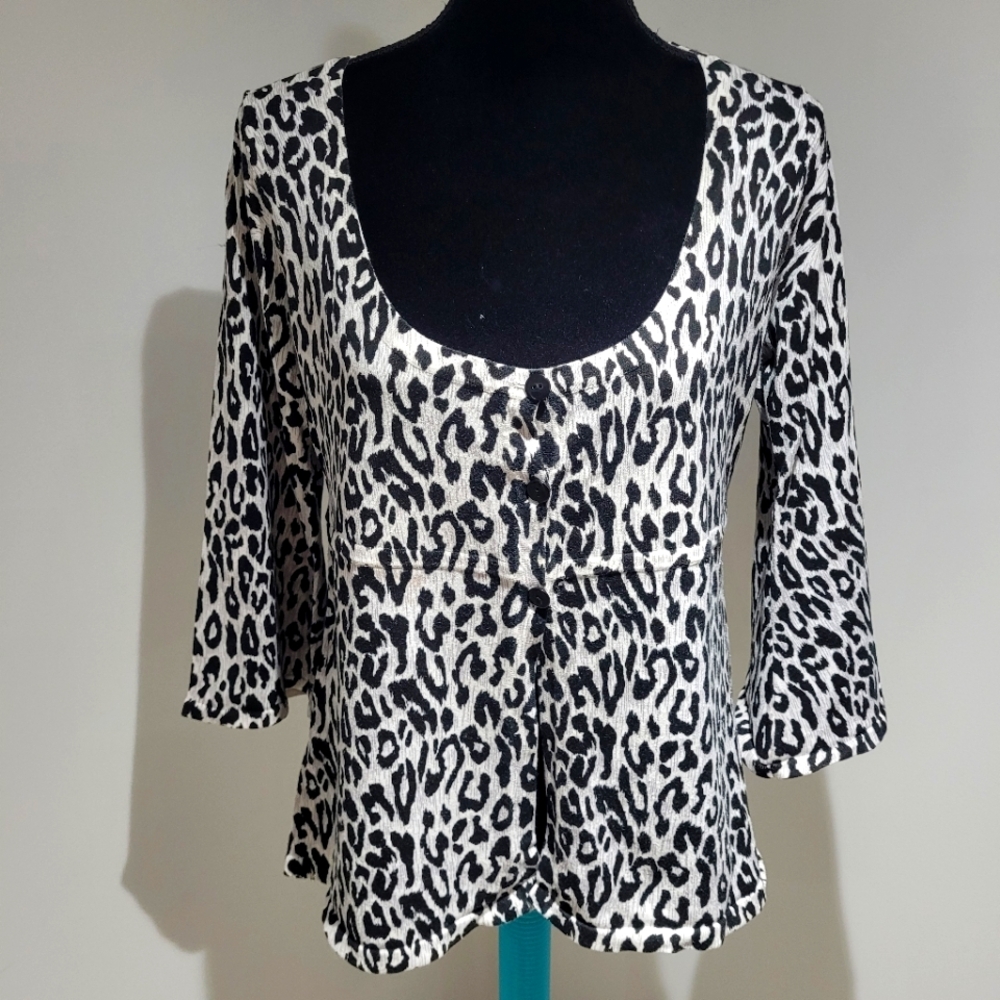 Linda Matthews Women Animal Print Peplum Bell Sleeve Cardigan Medium Black White